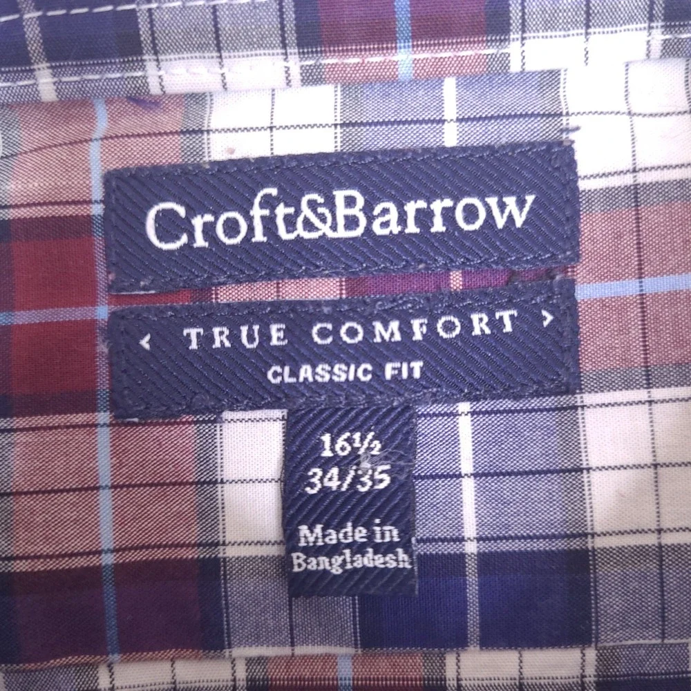 Croft & Barrow Shirt Mens 16.5 34/35 XL Plaid Classic Fit True Comfort‎